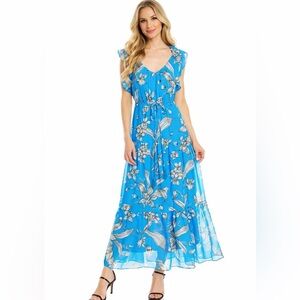 Taylor Blue Floral Flutter Sleeve Tiered Maxi Dress with Drawstring Waist